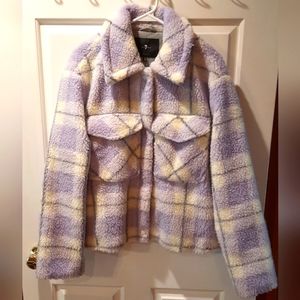 Plaid Sherpa Jacket in Purple and Cream